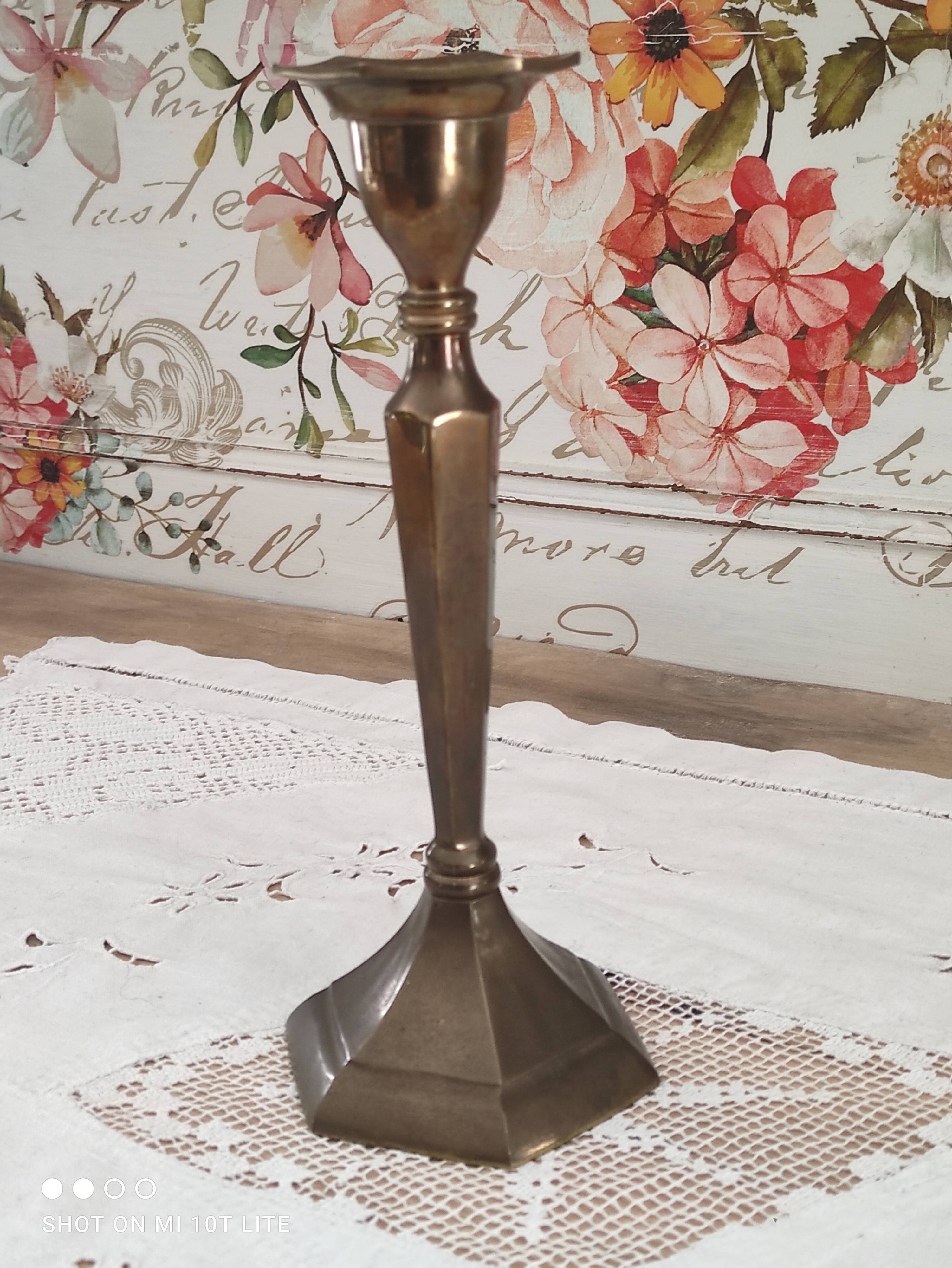 Brass candle holder high hexagonal foot