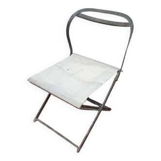 Chaise de jardin ancienne basse pliante métal tissus 1900