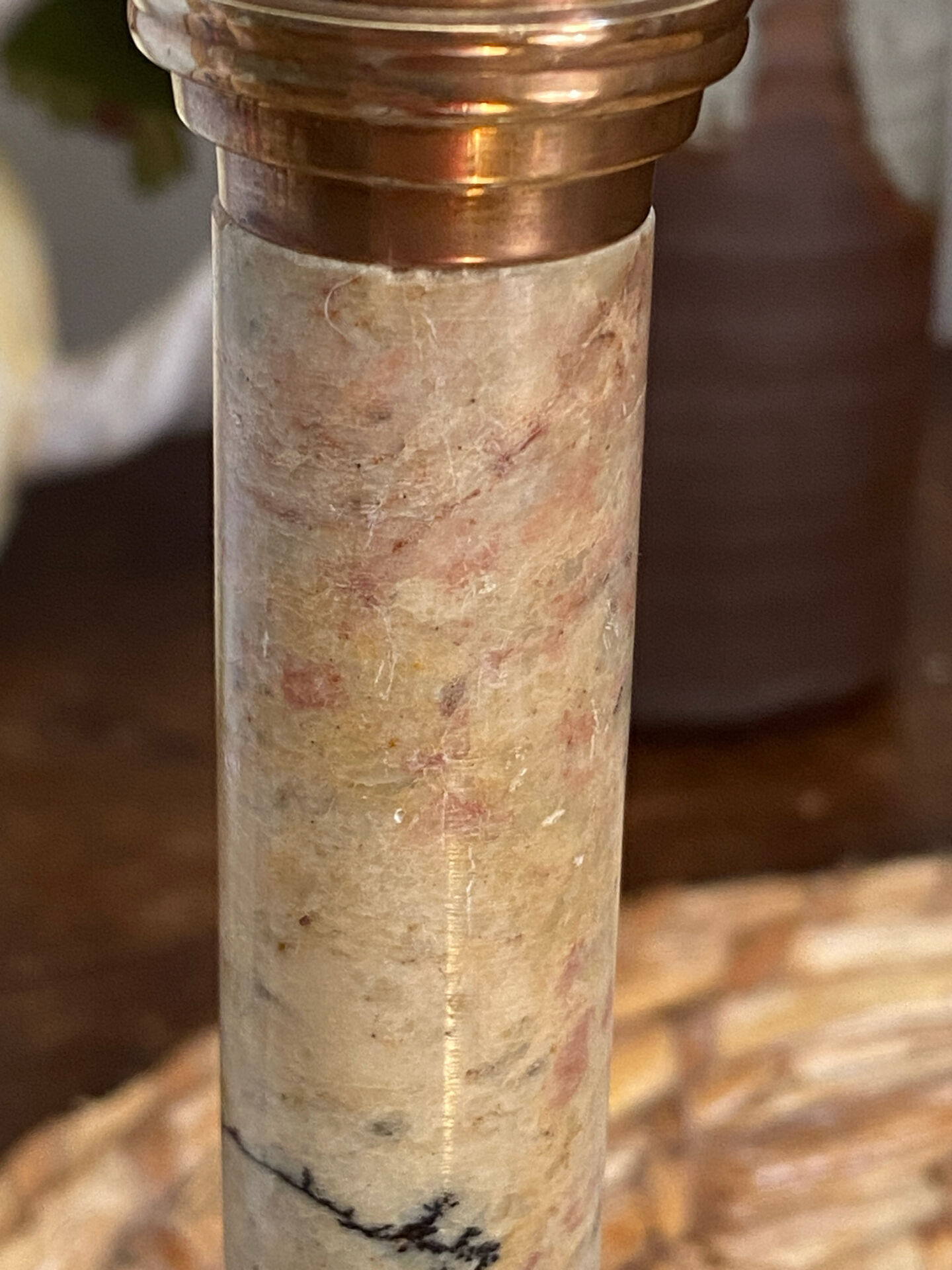 Pair of brass and stone candlesticks