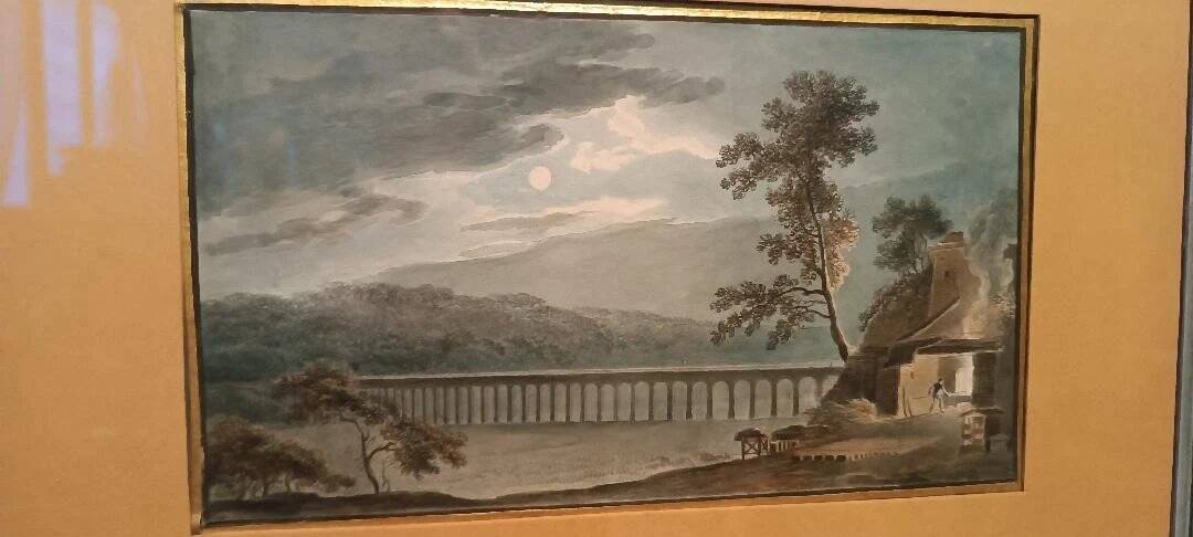 Old watercolour on paper from the early 19th century - nocturnal landscape with aqueduct and bridge