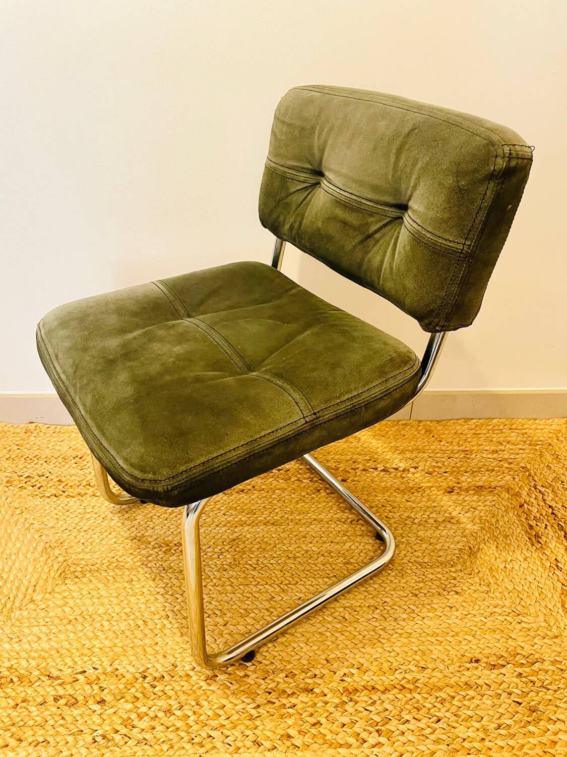 Vintage Roche Bobois chair in green suede Year 1970