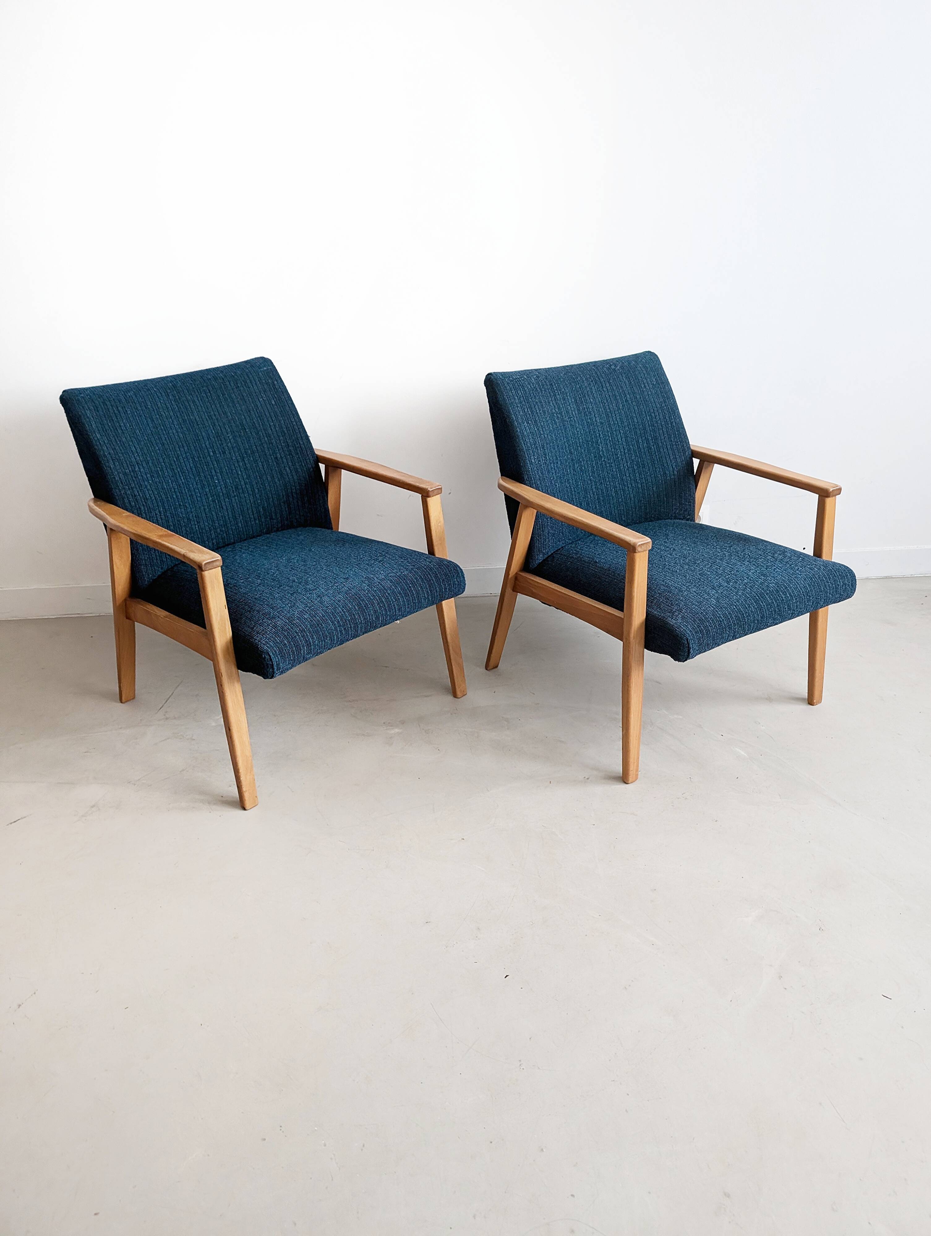 2 blue fabric armchairs, 1970s