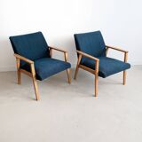 2 blue fabric armchairs, 1970s