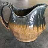 Vintage pitcher in glazed stoneware with bluish drip effect signed and numbered