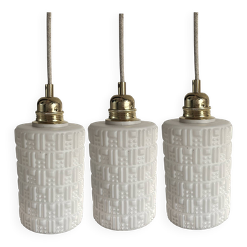 Set of three white Scandinavian opaline pendant lights