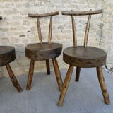 Suite of 4 tripod chairs, trunk seats, solid wood