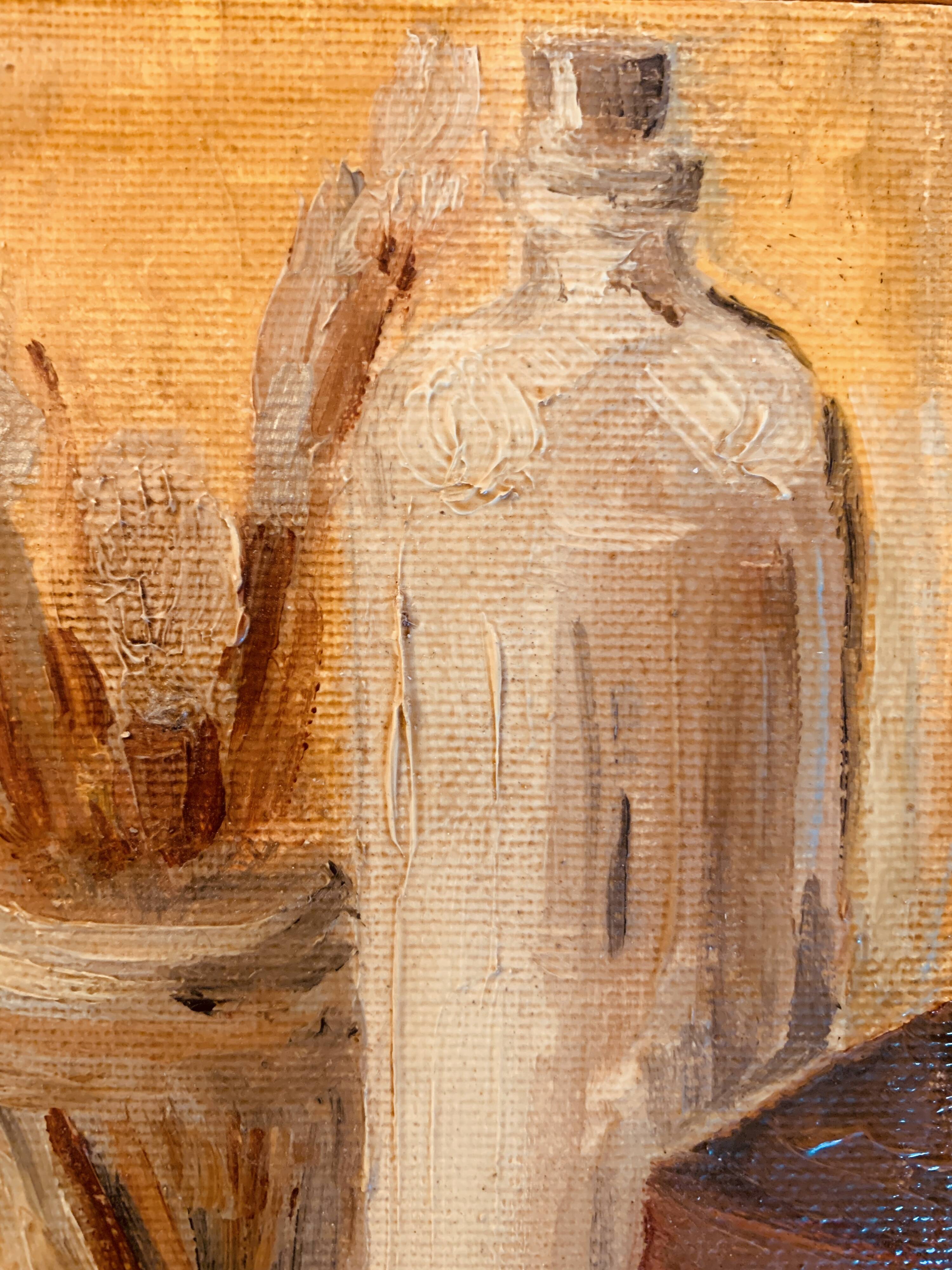 Small signed painting, oil on cardboard canvas, still life "studio"