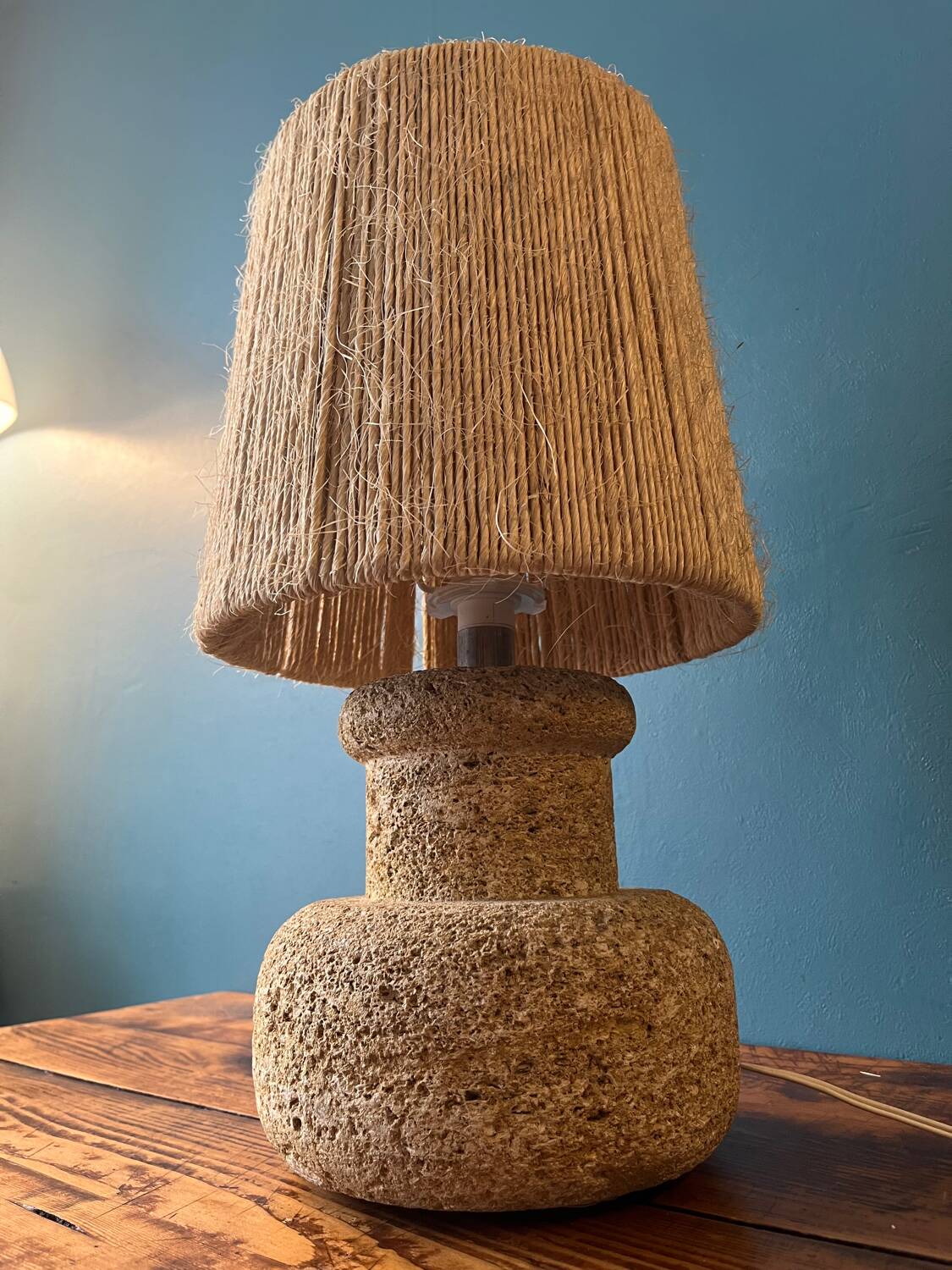 60s lamp in stone with artisanal rope shade