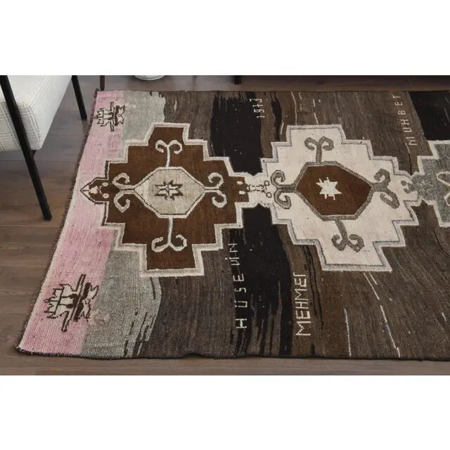 1970s Turkish Hand-Knotted Wool Cotton Brown Runner Rug 149x320