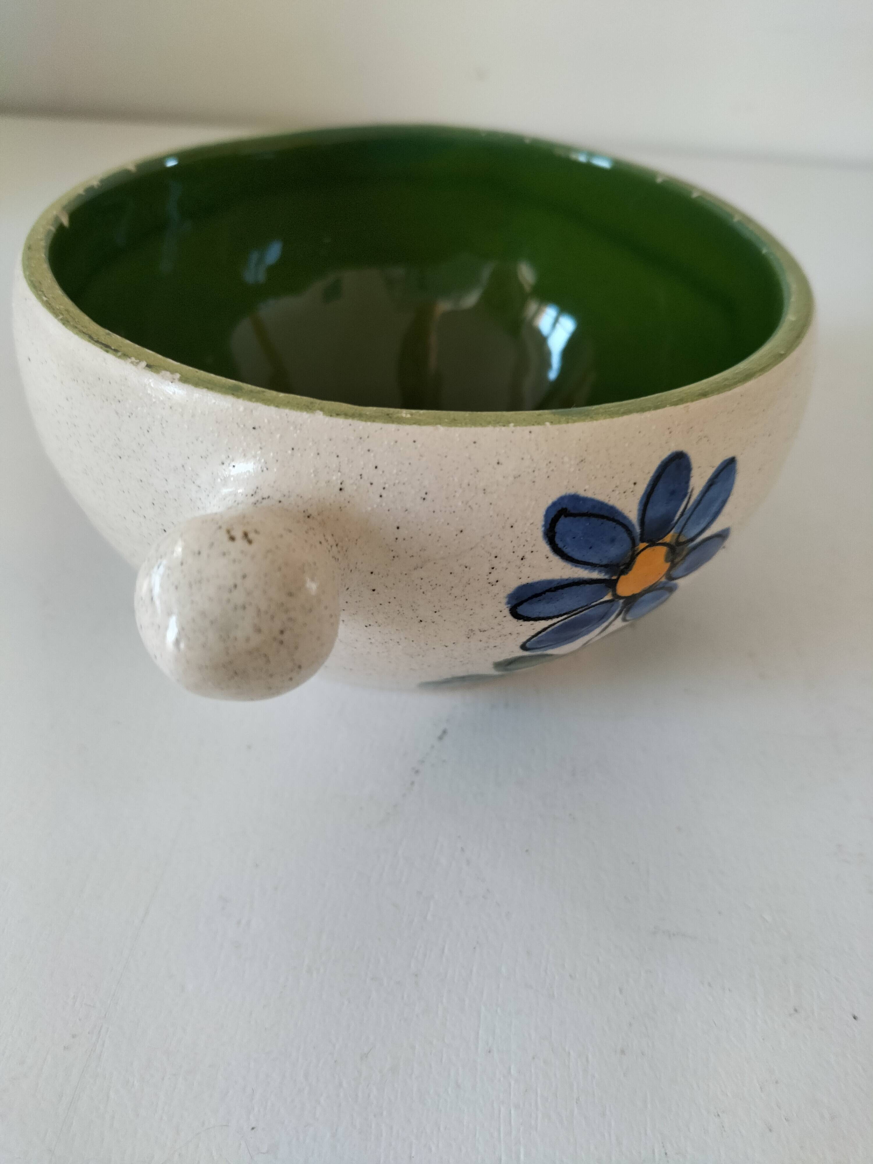 Ceramic soup bowl with blue flower decoration – handmade