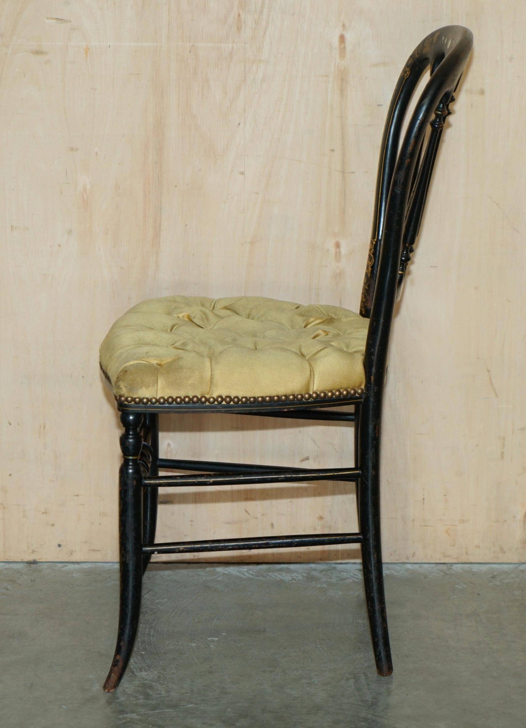 Regency Antique 1815 Occasional Chair in Ebonised Wood, Mother of Pearl, Silk and Chesterfield Upholstered Seat
