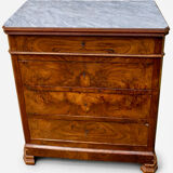 Antique Louis Philippe style chest of drawers with a white marble top.