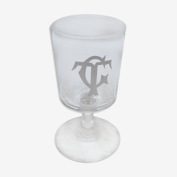 Glass 19th century crystal liqueur engraved with monogram acid