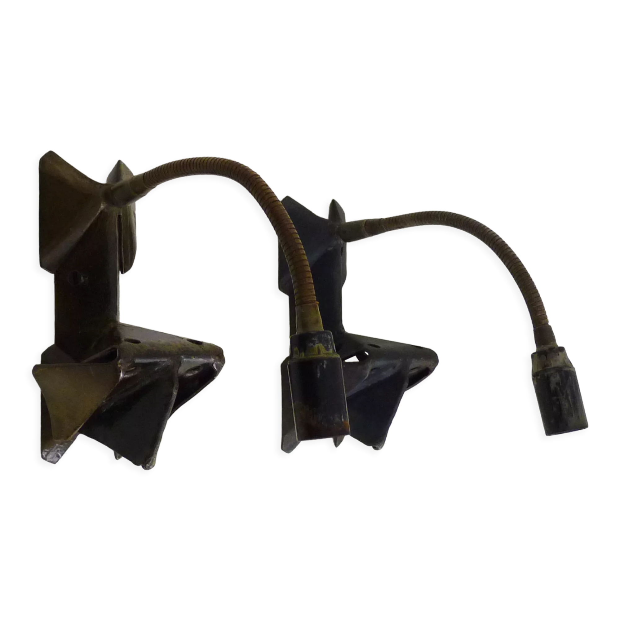 Pair of cast iron wall sconces with articulated arm, dog shape. Vintage