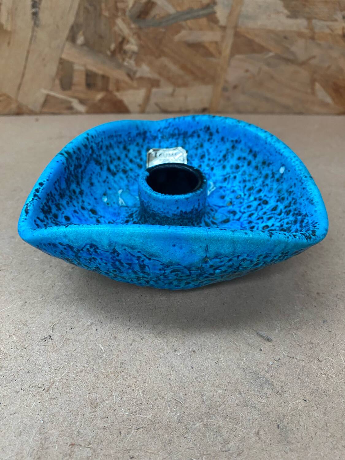 Antique cyclope candle holder ceramic fat lava turquoise blue vintage