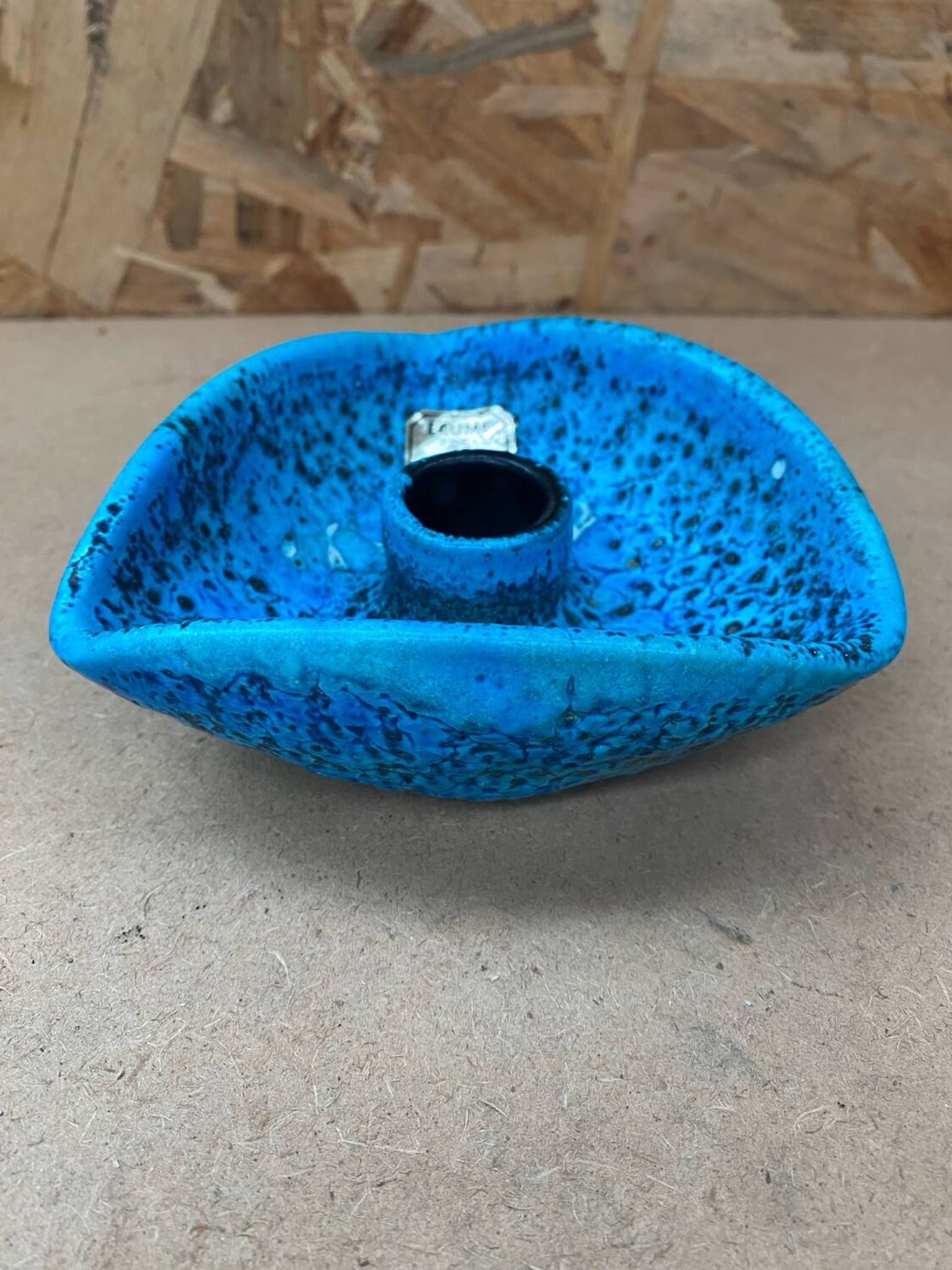 Antique cyclope candle holder ceramic fat lava turquoise blue vintage
