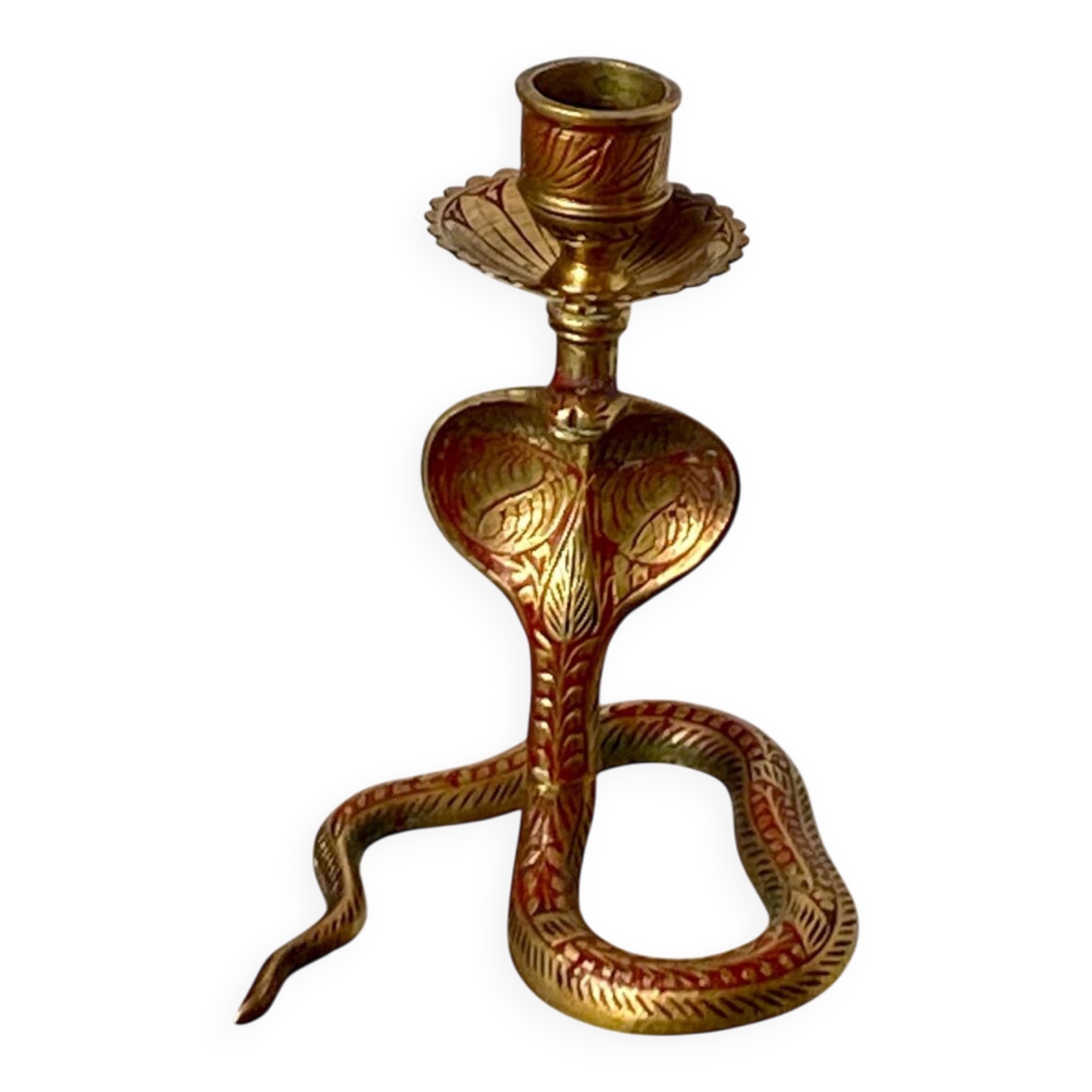 Chiseled brass cobra candlestick