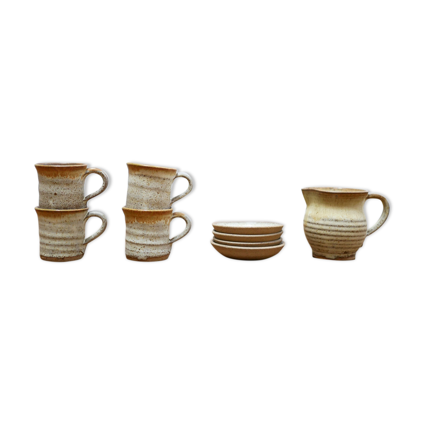 Series of 4 cups and a vintage stoneware milk jug