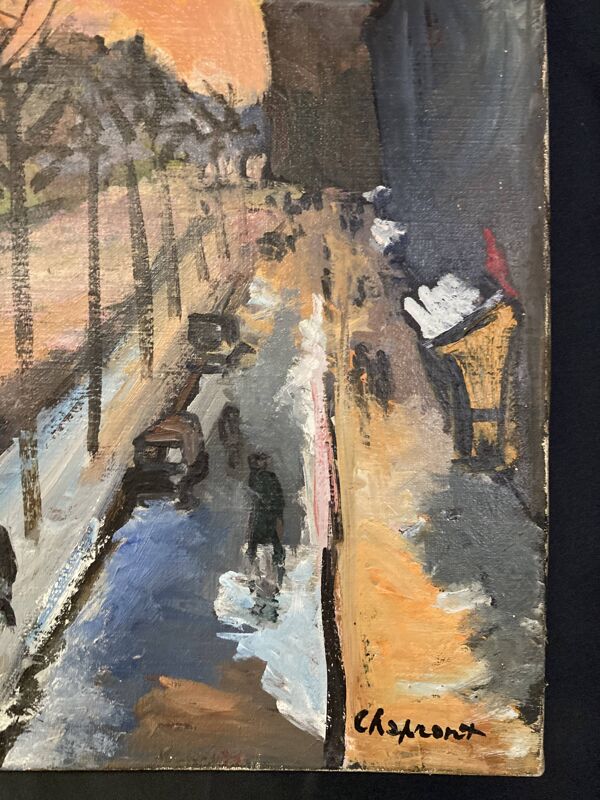 Geneviève chapront, neige boulevard saint-germain, huile sur toile signée