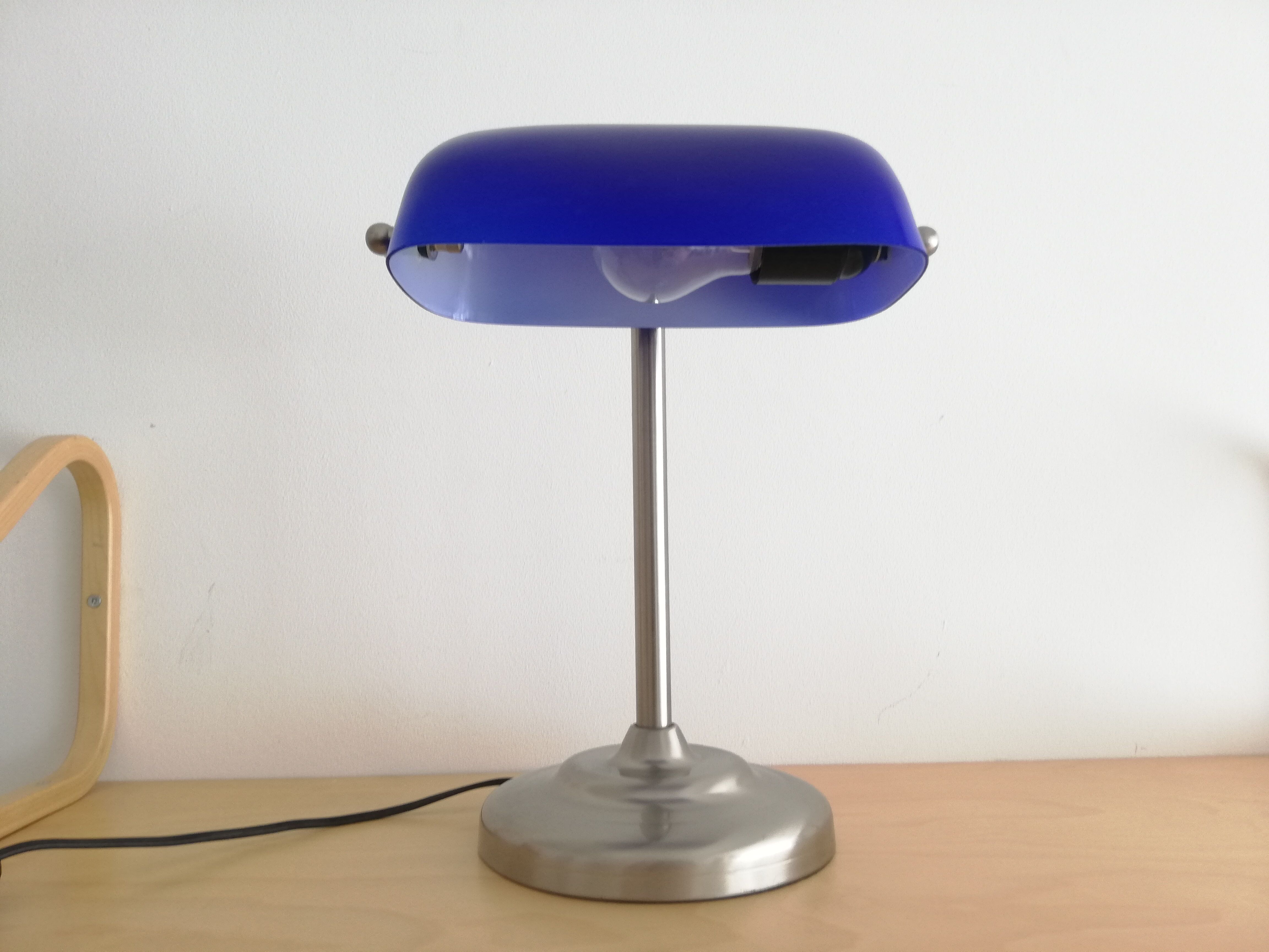 Blue glass and brass bankers lamp