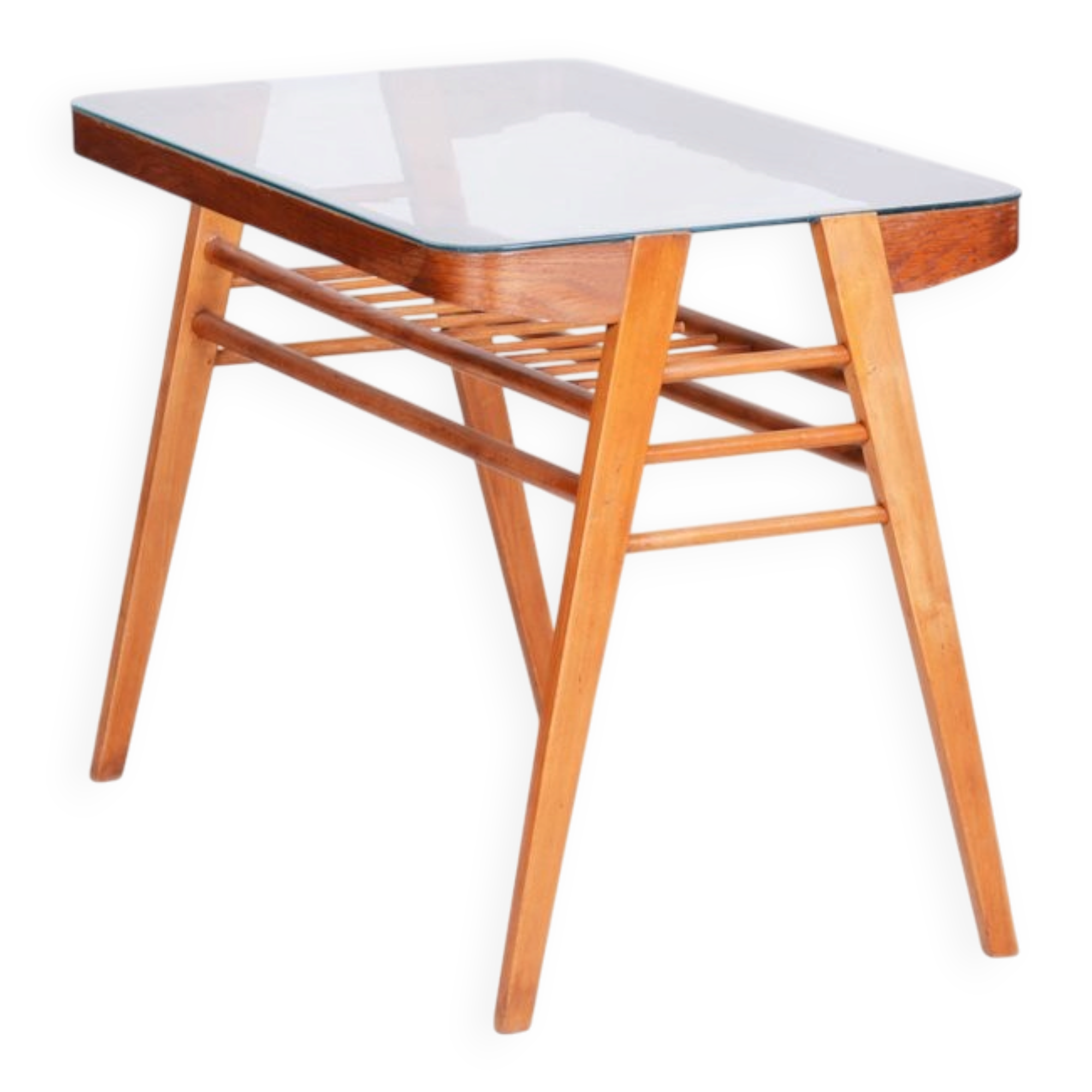 Mid-Century Console Table in Oak, Glass, Czech, 1950s