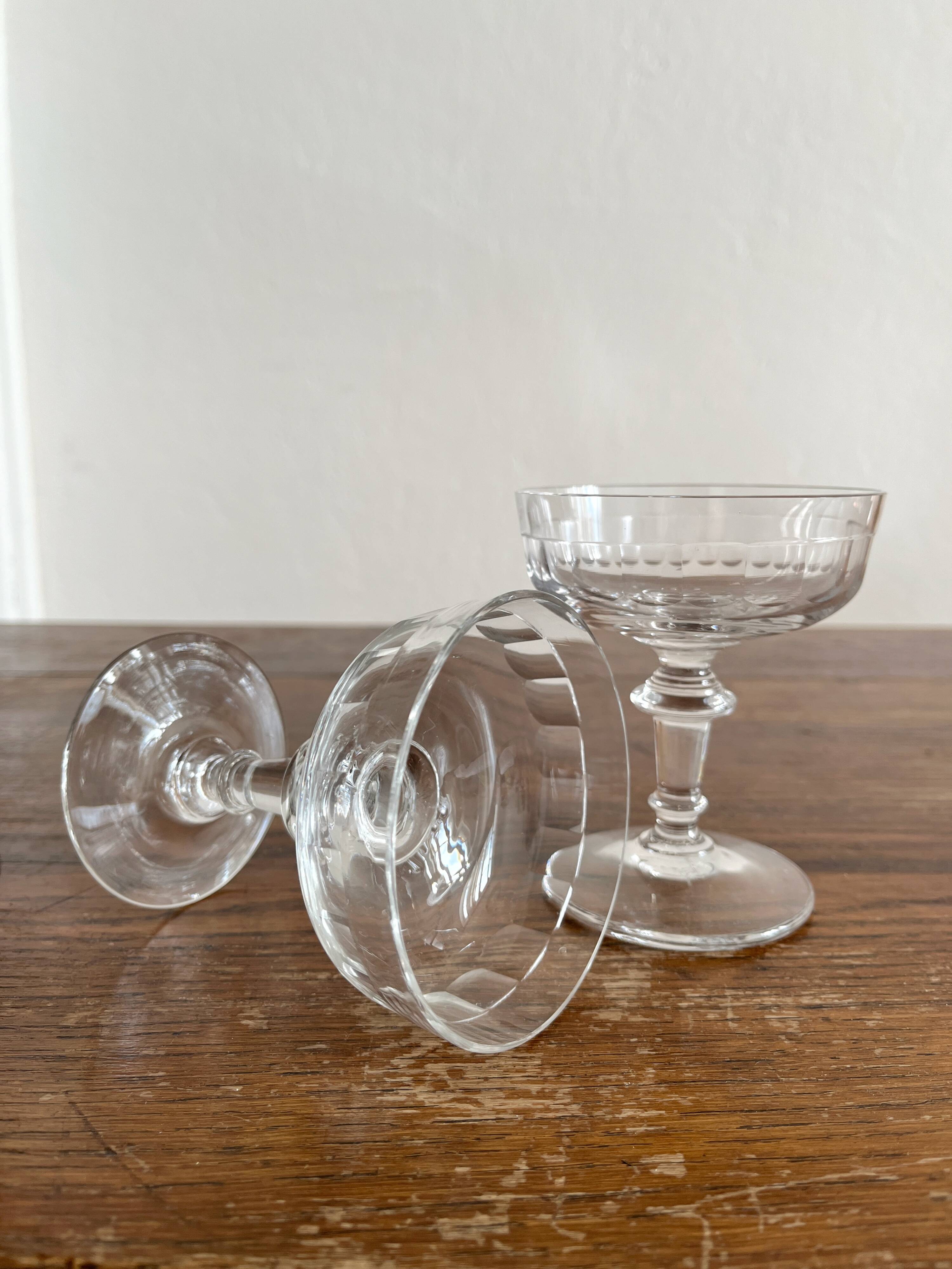 2 antique 19th-century blown glass champagne coupes with flat sides