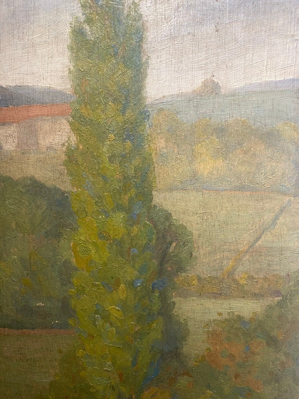 Tableau ancien, double face, paysage bord de Saône, début XX siècle