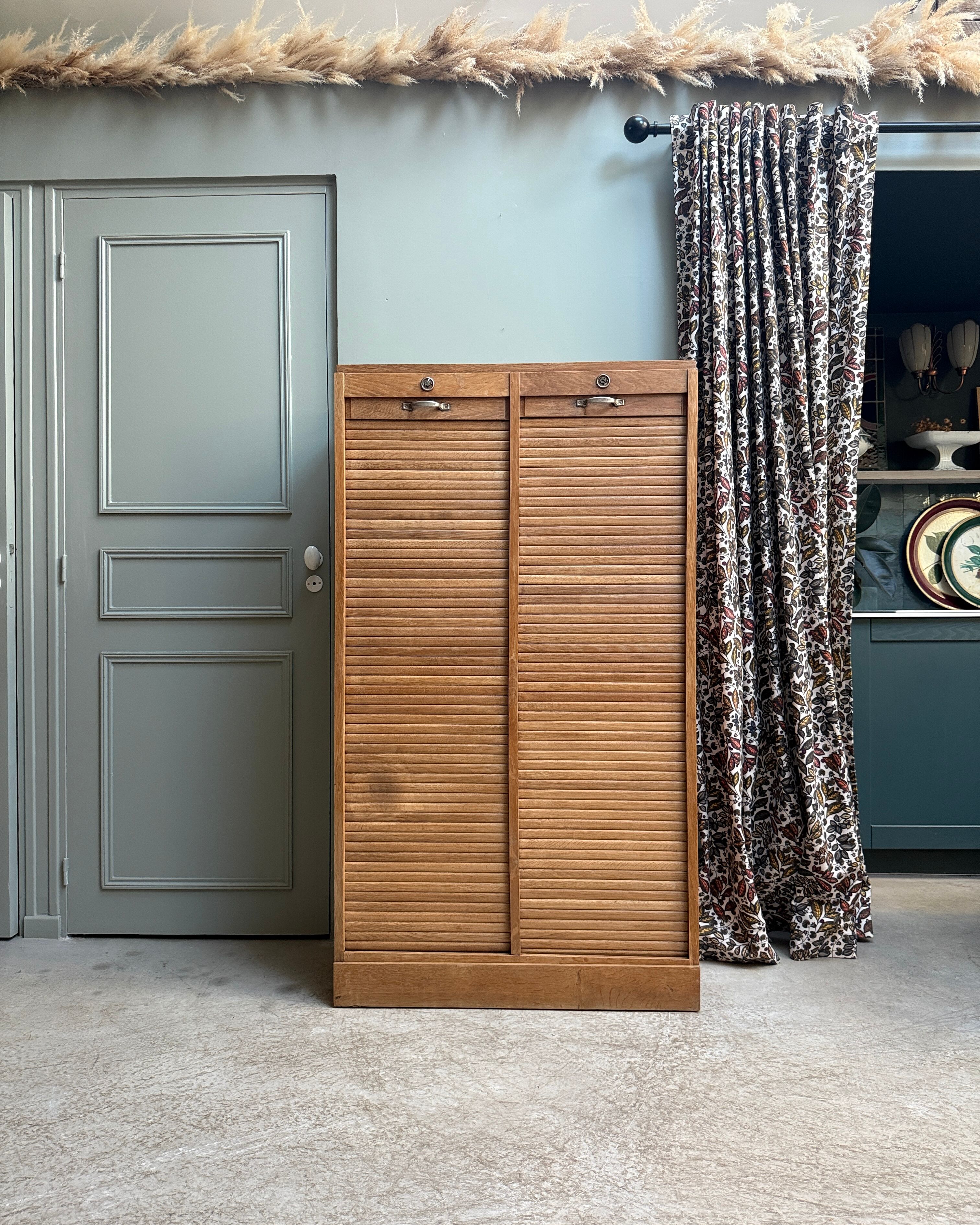 Oak filing cabinet with curtains (renovated)