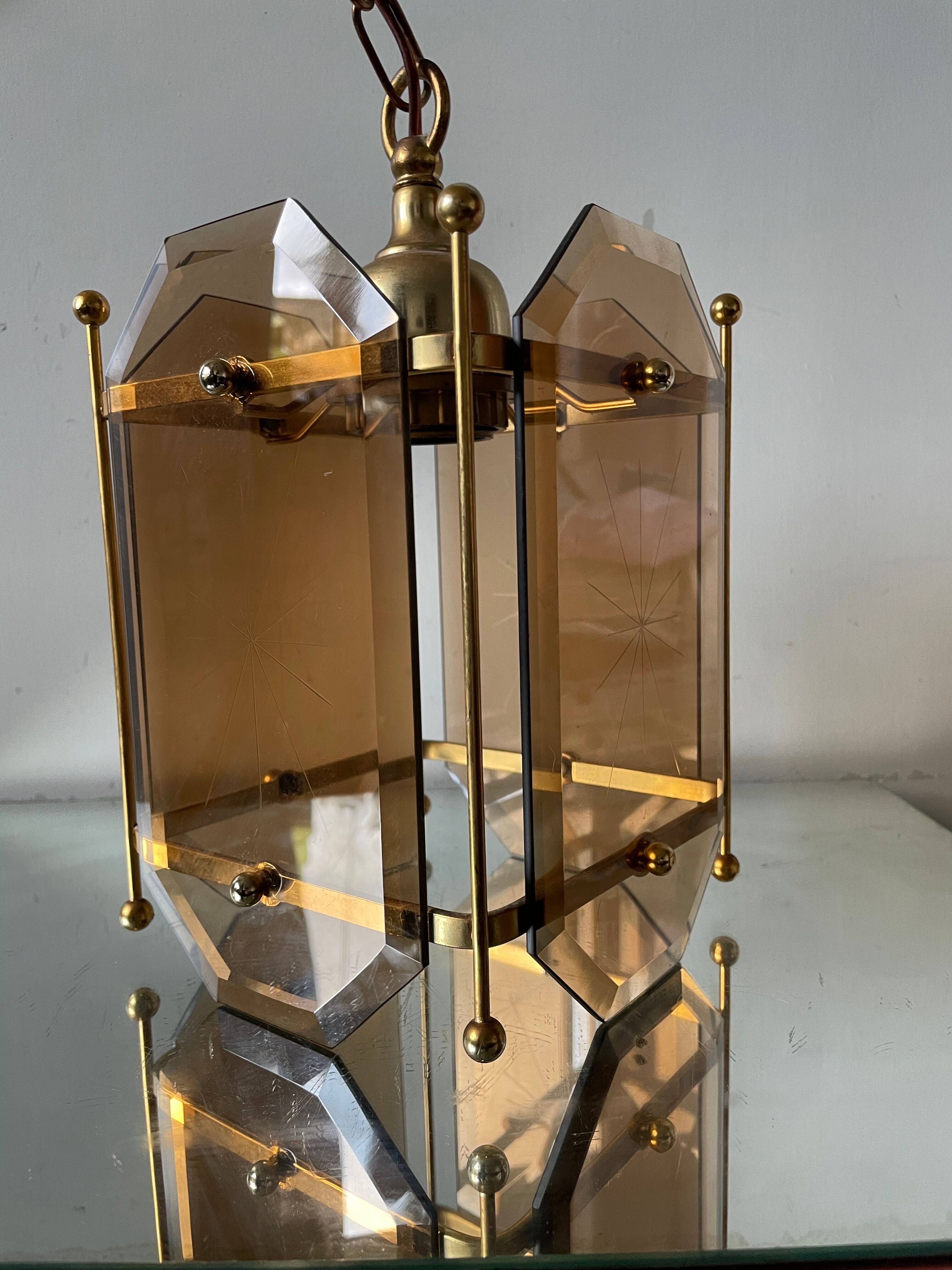 Scandinavian vintage lamp in brass & amber colored glass