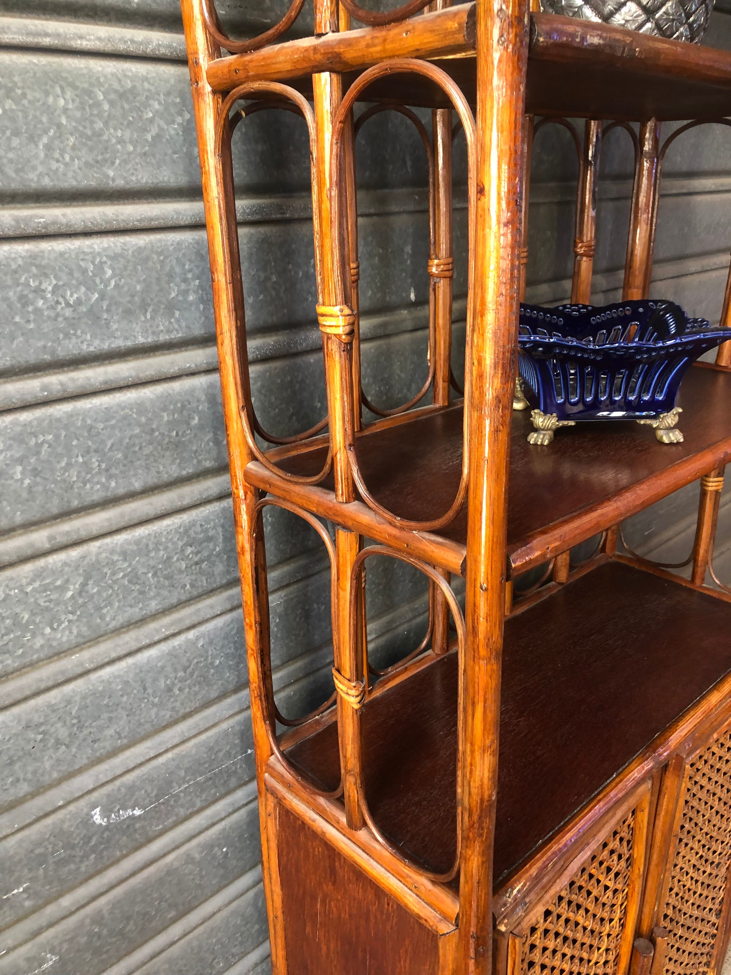 Rattan shelf with storage from the 1970s