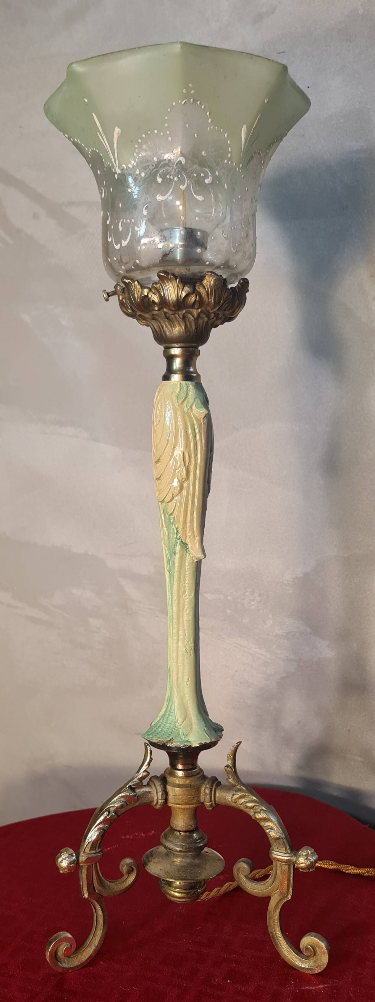 Art Nouveau bronze chalice lamp with antique tulip and painted water green glass