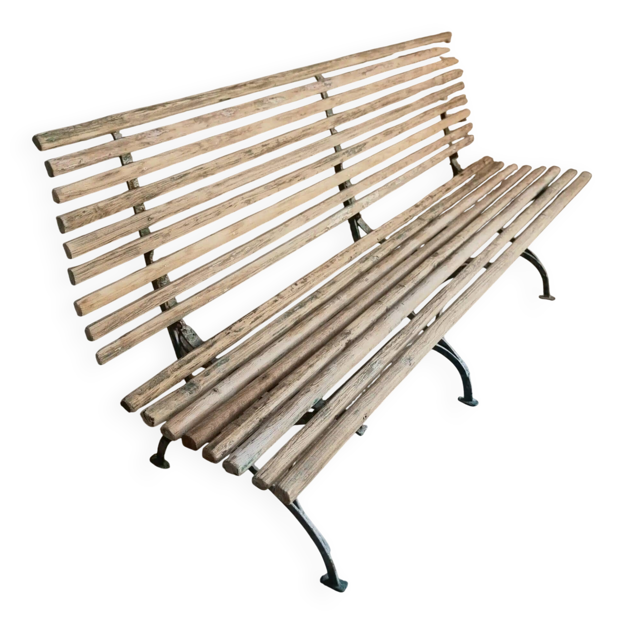 Banc de jardin pliant français ancien, pin et cadre en fer riveté