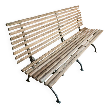 Antique French folding garden bench, pine and riveted iron frame.