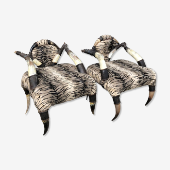 Set of 2 ethnic buffalo horn armchairs