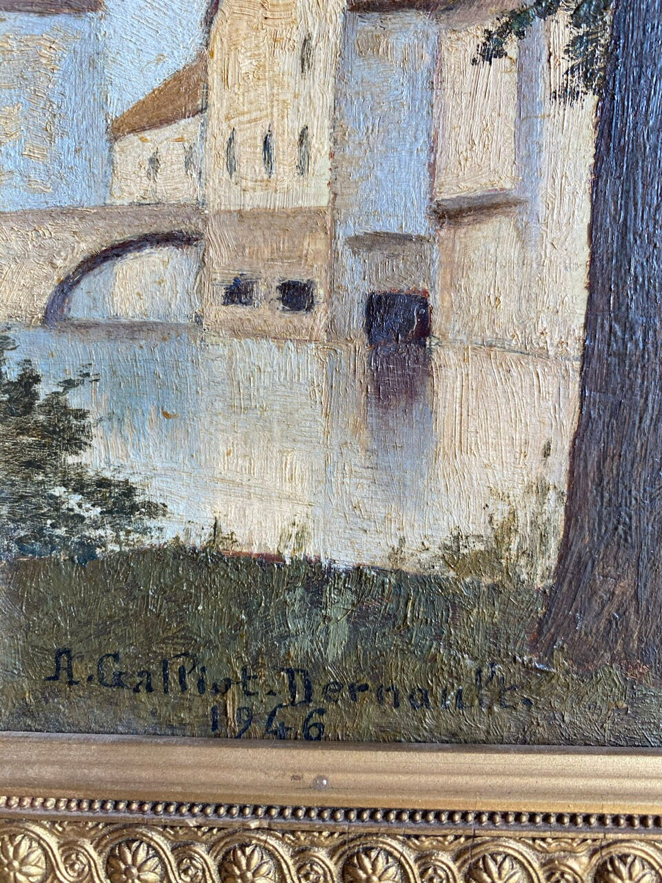 Ancient painting, landscape at the river signed and dated 1946