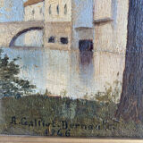 Ancient painting, landscape at the river signed and dated 1946