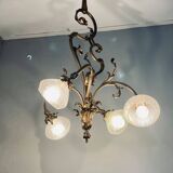 Jugendstil Golden Chandelier with Frosted Glass Shades