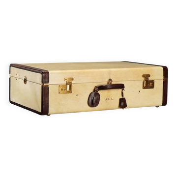 Vintage suitcase in parchment, cotton and leather, Italy, 1960s