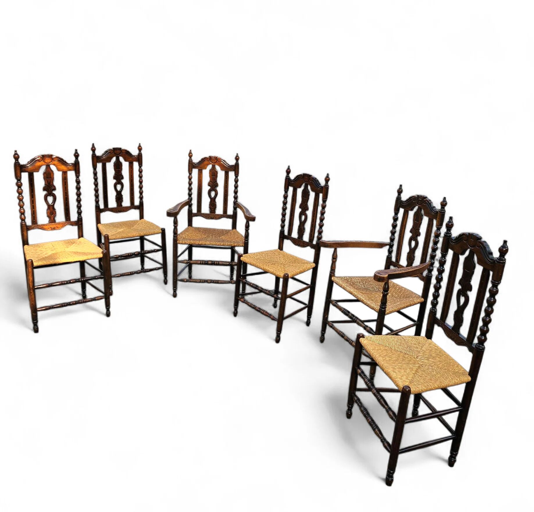 8 (2 x armrest) x ornate wood / bobbin / wicker dining chair / studded chairs