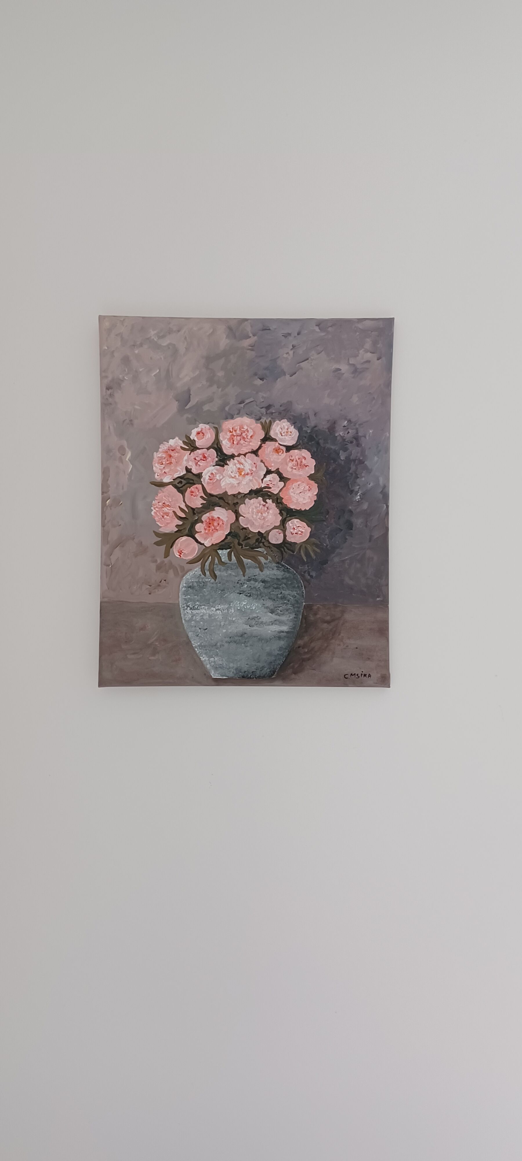 Painting of a bunch of coral-colored peonies in a gray vase