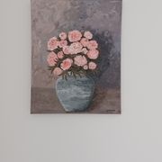 Painting of a bunch of coral-colored peonies in a gray vase