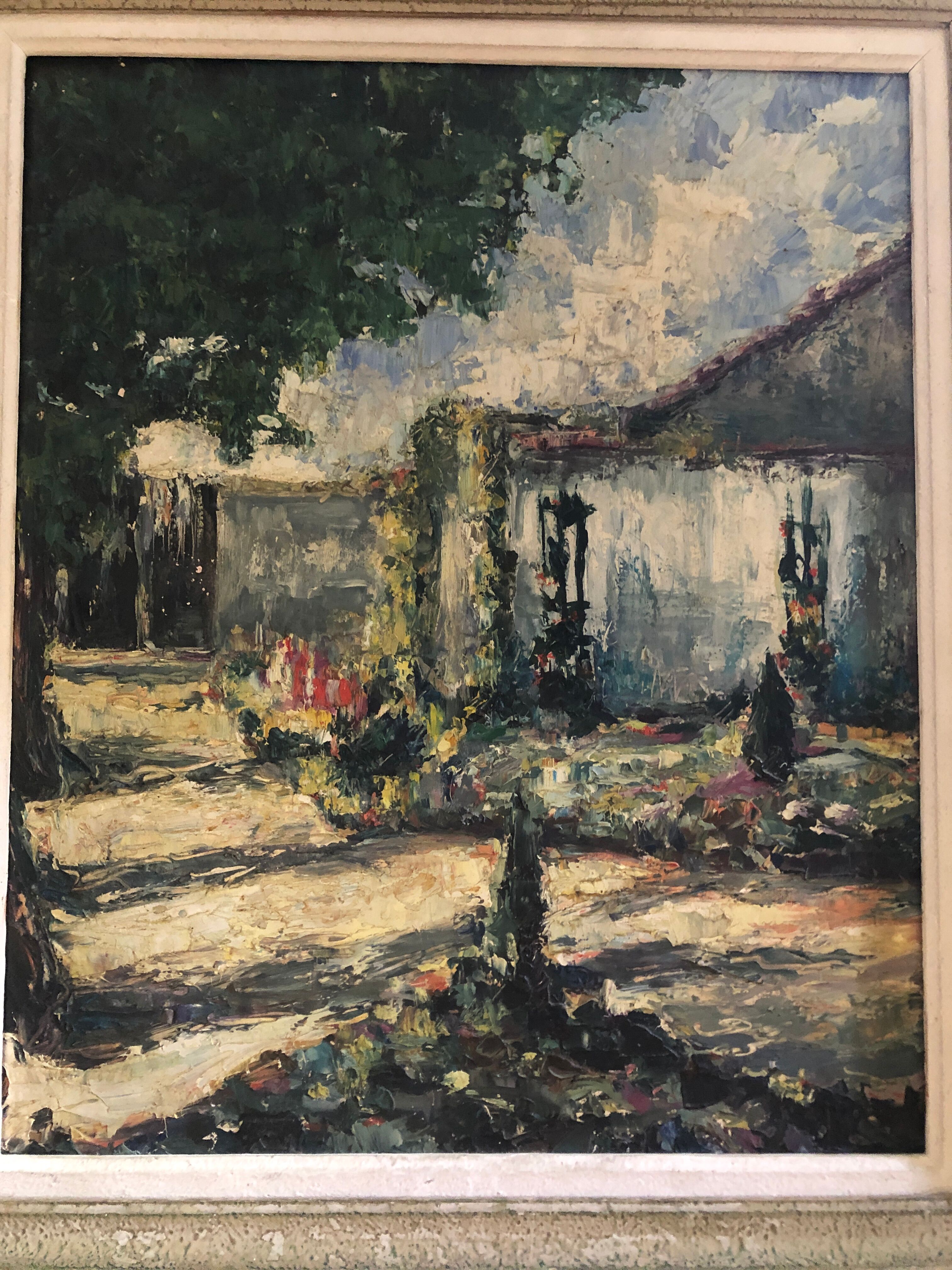 Ancien tableau huile au couteau sur panneau avec cadre bois vintage