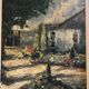 Ancien tableau huile au couteau sur panneau avec cadre bois vintage