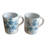 2 Vintage Ceramic Mugs Hand Painted and Signed Blue Flowers