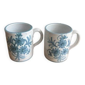 2 Vintage Ceramic Mugs Hand Painted and Signed Blue Flowers