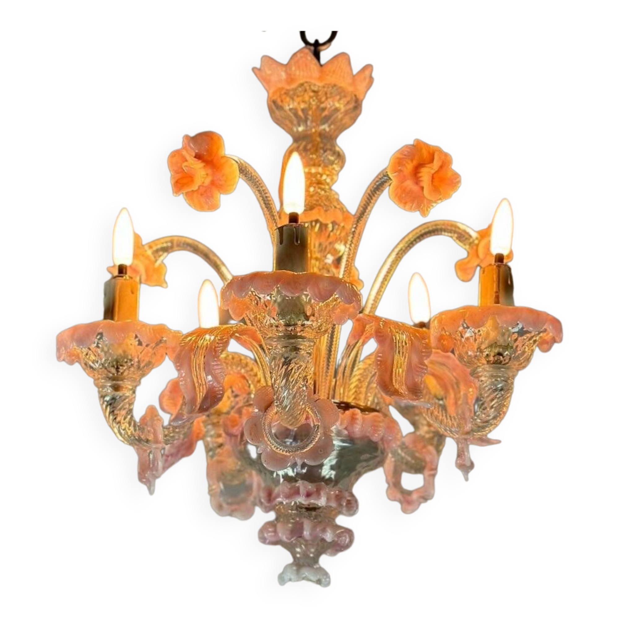Small venetian chandelier in colorless and pink murano glass 5 arms of light circa 1920