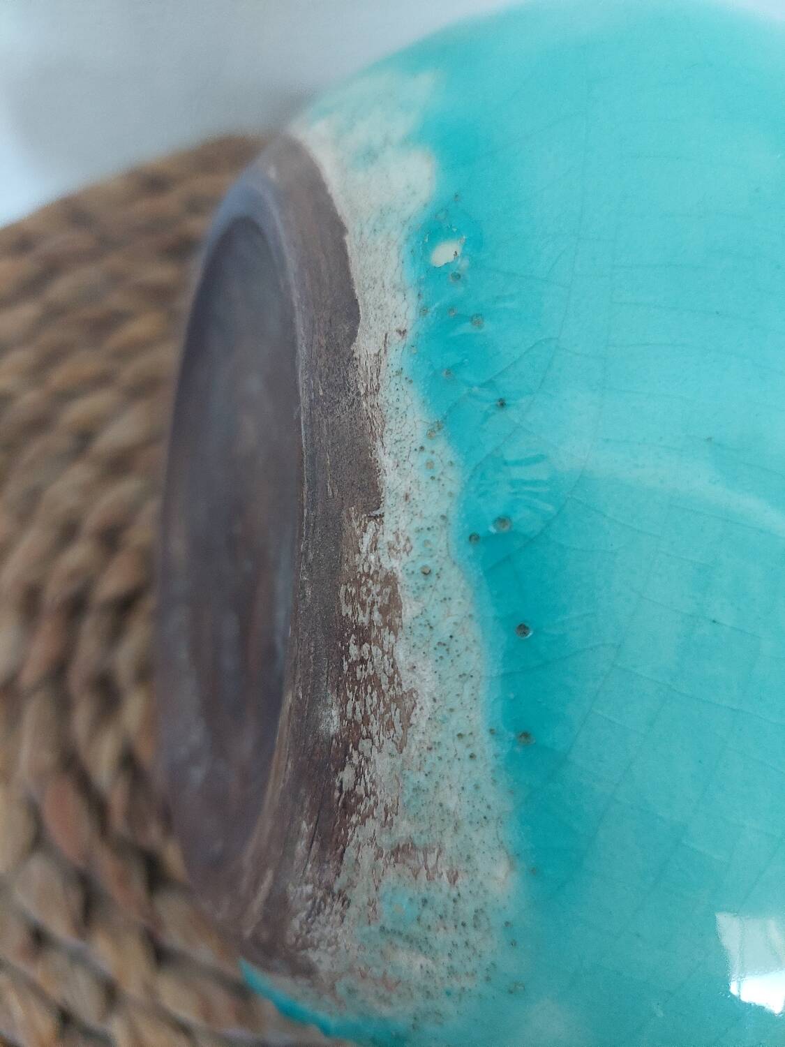 Art deco bowl signed Keramos in turquoise cracked ceramic