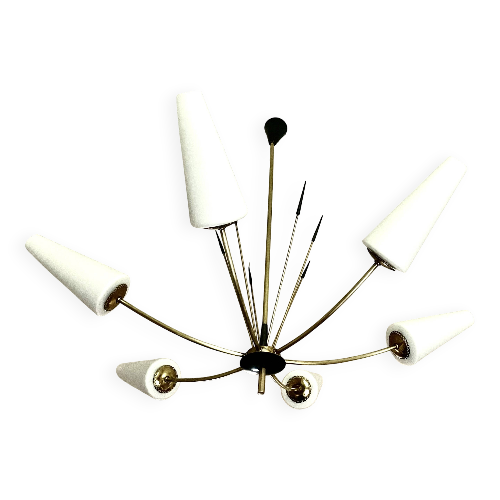 Large chandelier with 6 opaline tulip shades and 6 anthracite points, 1950