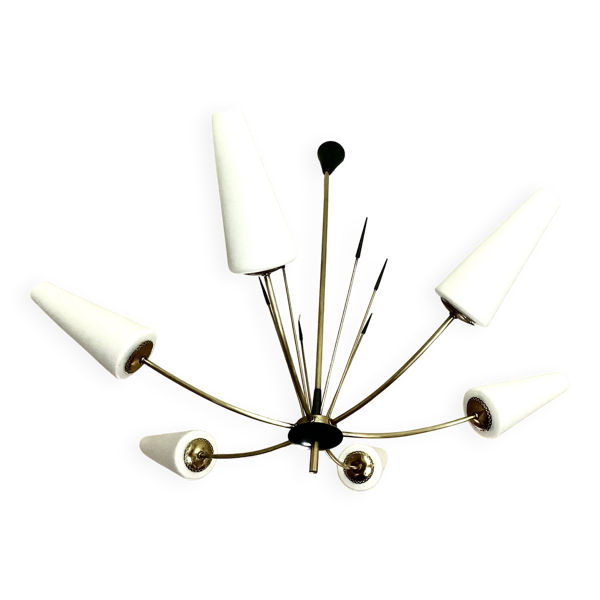 Grand lustre 6 tulipes opaline et 6 pointes anthracite 1950