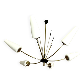 Large chandelier with 6 opaline tulip shades and 6 anthracite points, 1950